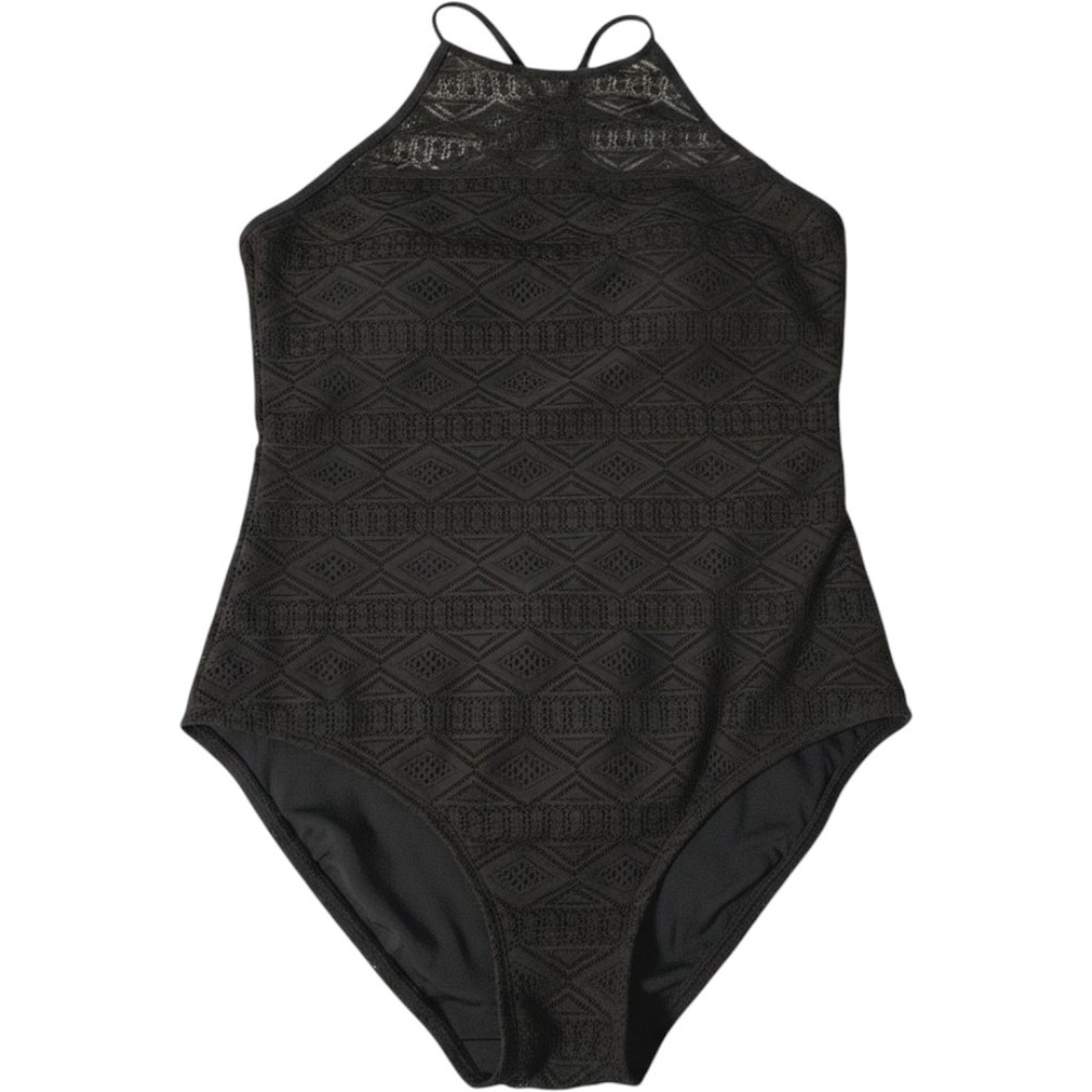 NWT Hula Honey One Piece Swimsuit XL Black Crochet Lace High Neck Cutout Witchy